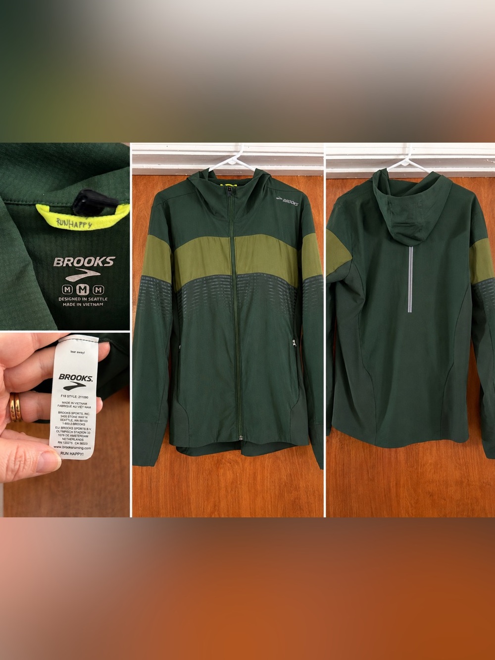Brooks Men’s Dark Green Hooded Performance Jacket with Olive Stripe